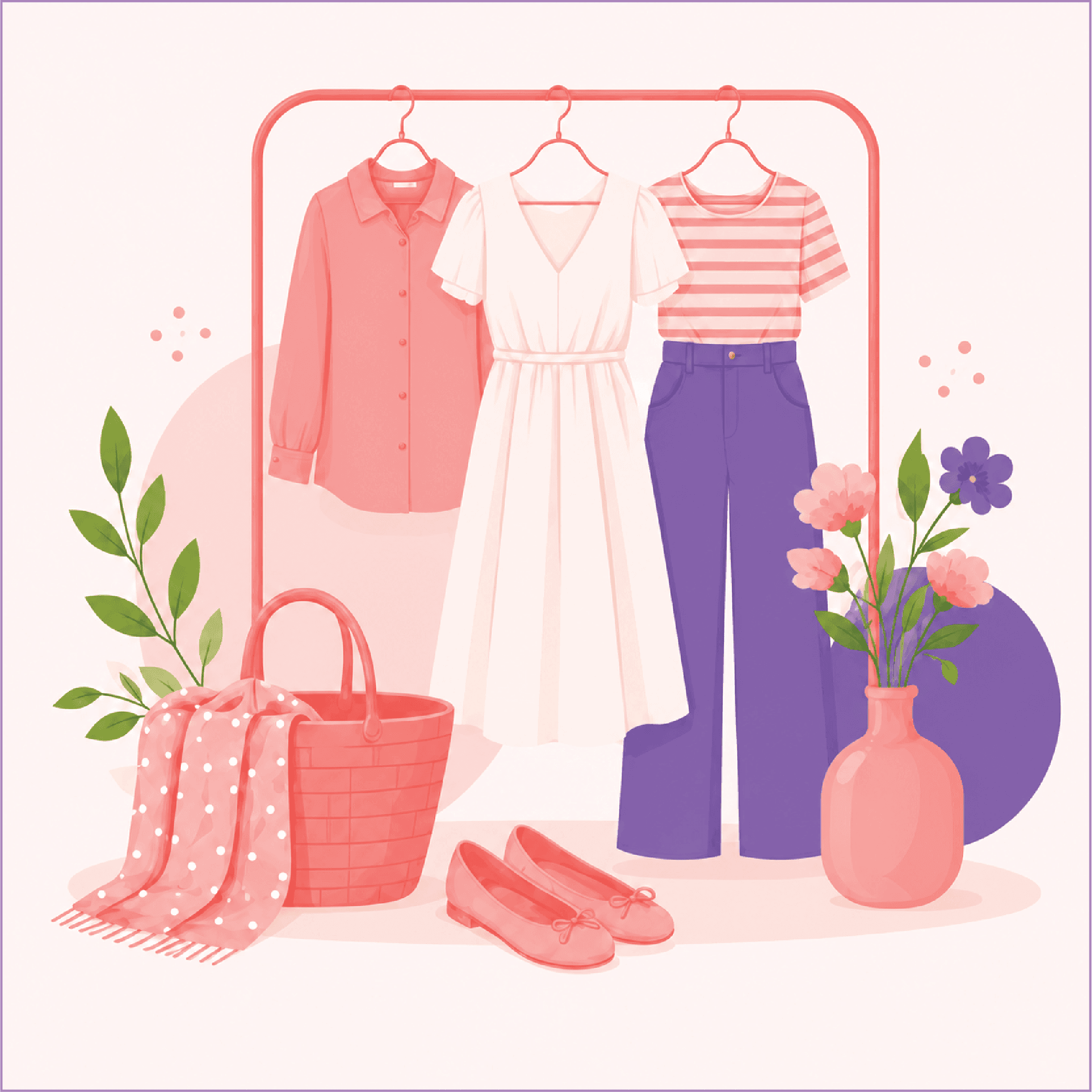 Fashion and apparel collection with clothing rack, dress, and flowers