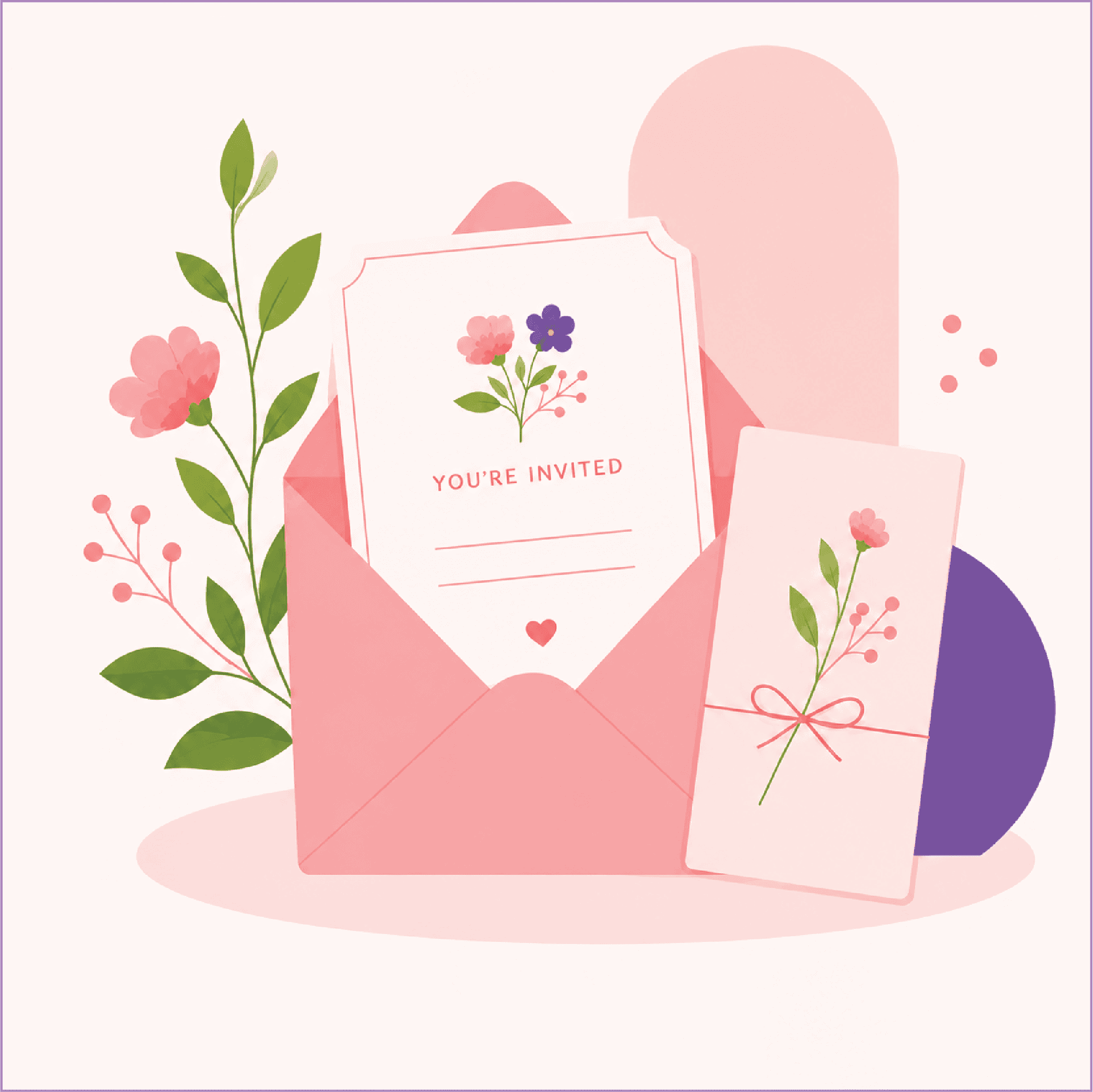 Invitation cards, envelope, and floral greeting cards